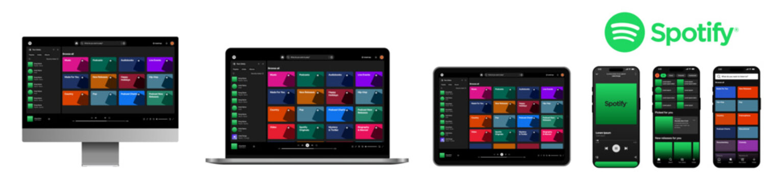 Spotify music streaming application interface on web, desktop and mobile platforms showing modern digital audio experience