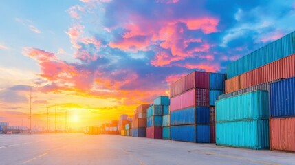 Sunrise at shipping yard with cargo containers stacked high