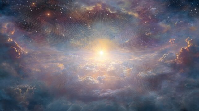 Bright sunlight breaks through clouds in the sky at dawn. Stars fade away as day begins. The scene shows a colorful blend of clouds and light.