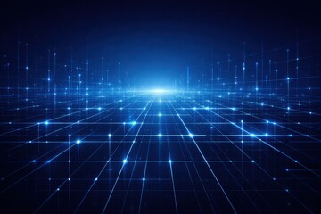 Abstract Futuristic Data Grid Background with Glowing Lines and Nodes, Blue Cyber Technology Network for Business Presentations