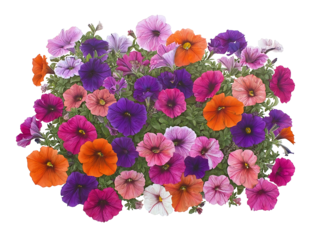 side profile of a very large ground cover grouping of purple orange and pink petunia flowers centered on a white background realistic