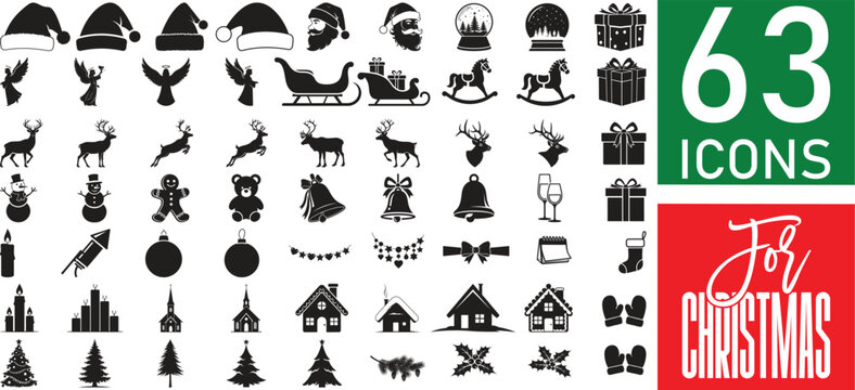 Christmas Silhouette Icon Set with 63 Holiday and Winter Vector Icons