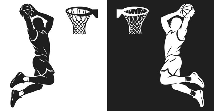 Basketball player dunk illustration representing professional sport action, athletic power, vertical jump, and competitive performance.