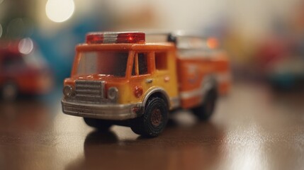 Toy fire truck on a table with red lights during indoor playtime