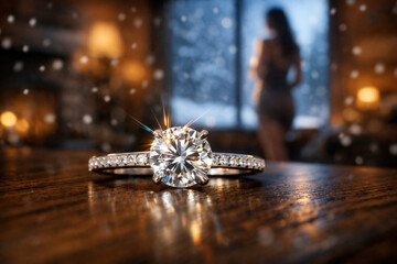Diamond Engagement Ring Sparkling On Wooden Table With Snowy Window And Blurred Woman In Background