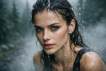 Rain-Soaked Woman With Wet Hair And Water Droplets On Face In Misty Outdoor Shower