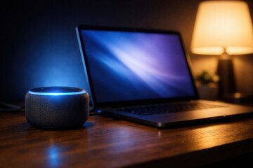 Smart Speaker With Blue Status Light Beside Laptop On Wooden Desk In Warm Night Interior