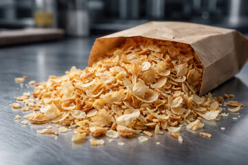 Dried Onion Flakes Spilling From Paper Bag On Stainless Steel Counter In Commercial Kitchen