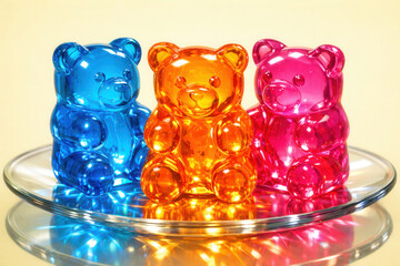 Three Translucent Gummy Bear Candies In Blue Orange And Pink On Glass Plate With Reflections
