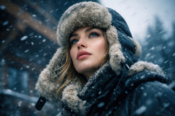 Winter Woman Wearing Fur-Lined Aviator Hat And Parka In Falling Snow With Mountain Scenery