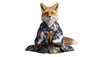 Realistic Fox Sitting in Traditional Japanese Blue and White Floral Kimono Portrait, isolated PNG with Transparent Background