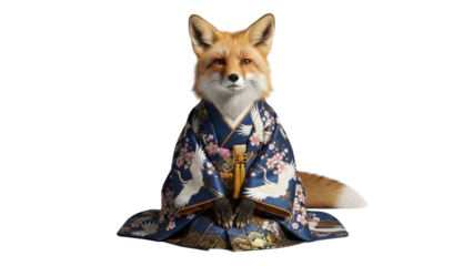 Realistic Fox Sitting in Traditional Japanese Blue and White Floral Kimono Portrait, isolated PNG with Transparent Background