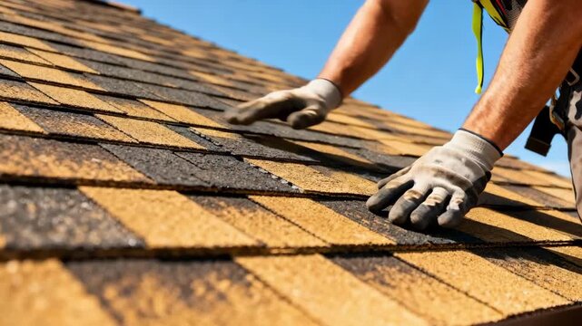 Closeup of a technician carefully aligning composite shingles on a residential rooftop demonstrating repair techniques on durable blend materials under clear skies.
