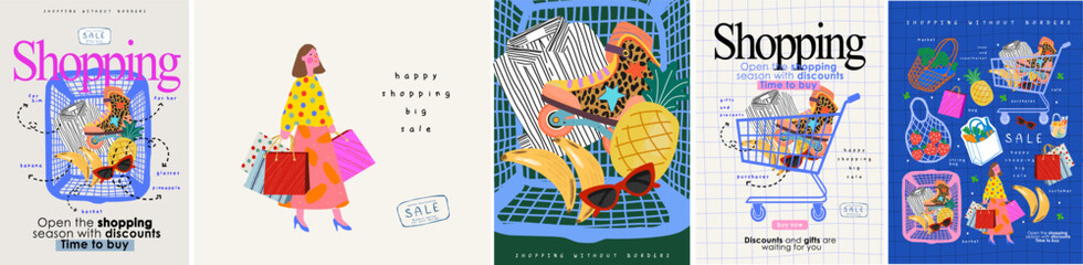 Shopping and sale. Vector illustrations of woman carrying bags, cart full of products, fruits and fashion items, modern hand drawn style for big sale poster, discounts, retail ads, leaflet, flyer and 