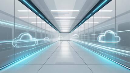 Abstract Cloud Computing Concept in a Futuristic Hallway corridor room