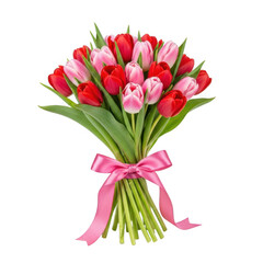 Vibrant tulip bouquet with pink ribbon