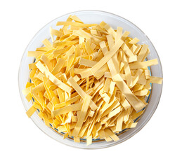 Raw tagliatelle pasta in bowl on transparent background