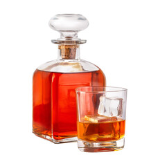 Whiskey decanter and glass with ice on transparent background