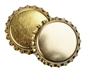 Two golden metal beer bottle caps on transparent background