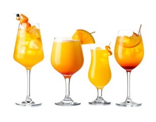 Four vibrant orange cocktails, garnished, on clear stems