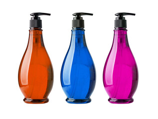 Colorful liquid soap dispensers with pump on transparent background