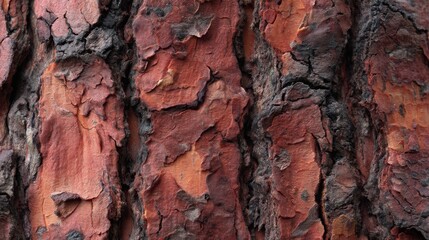 The close up view shows the intricate patterns and textures of tree bark. Variations in color range from deep reds to dark browns. This scene highlights nature's design and structure.