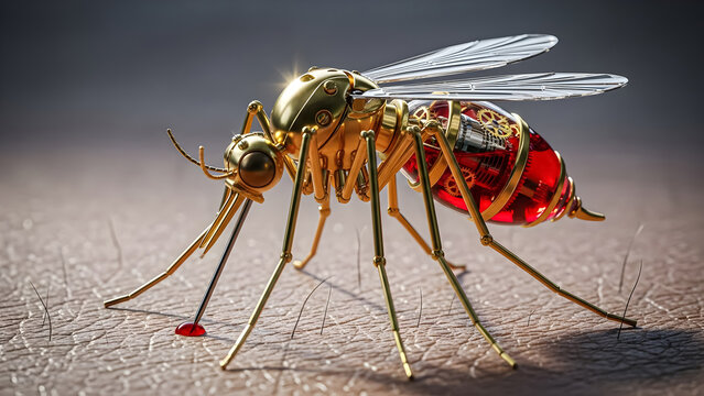 Steampunk mechanical mosquito with golden body feeds on a drop of blood from human skin texture