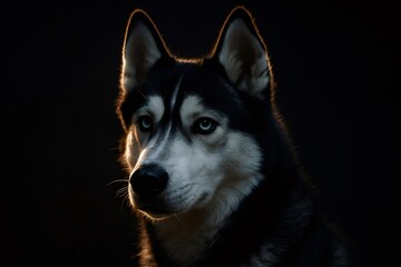 Siberian Husky dog with striking blue eyes, fur illuminated by glowing rim light, looking thoughtfully on a dark background