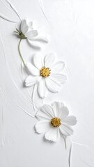 Three pristine white flowers with yellow centers on textured white background
