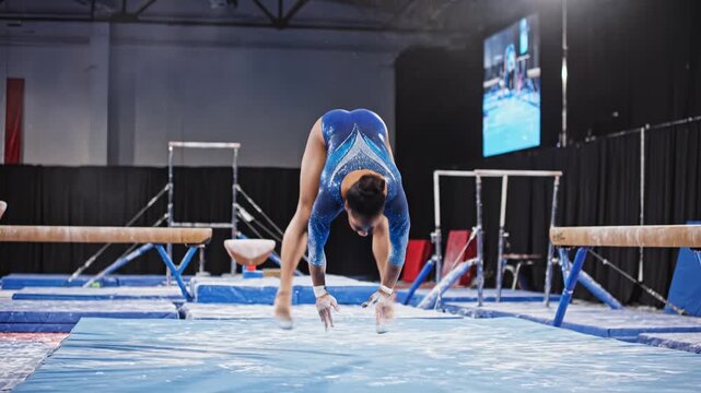 Gymnast performing on blue mat