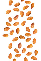 Falling almond nuts creating snack pattern on transparent background