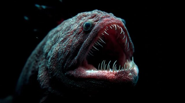 Gloomy deep-sea predator, with a gaping maw and needle teeth, illuminated via faint glow in darkness