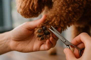 Hands trimming fur from a brown poodle's paw pads with professional grooming scissors, demonstrating pet care and hygiene