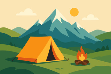 Mountain Camping Illustration with Tent and Campfire at Sunset