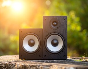 Black speakers with bright white cones set on a stone, sunlight