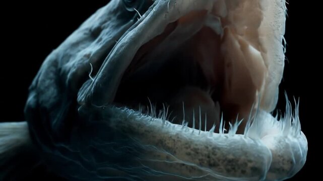 Close-up of a thrashing fish jaw with serrated teeth, blue-gray scales, dark void behind. Wet gleam!