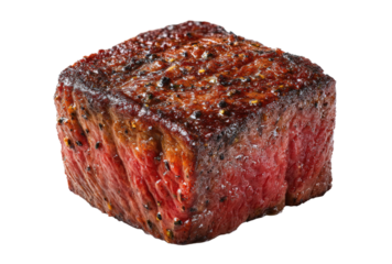 A piece of meat is sitting on a white background