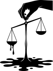 Corrupt justice concept with a hand holding a scale dripping black oil. Vector illustration