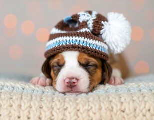 Puppy wearing winter hat