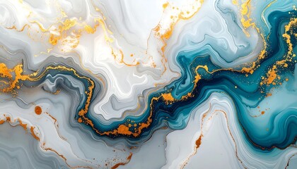 Swirling abstract of blue, gray and gold fluid art