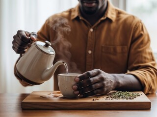 Man pouring hot water into an herbal cup. Close-up of a person preparing a warm beverage for wellness and relaxation. Healthy lifestyle and self-care ritual