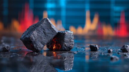 Coal pieces resting on a reflective surface with graph data visualizations in the background