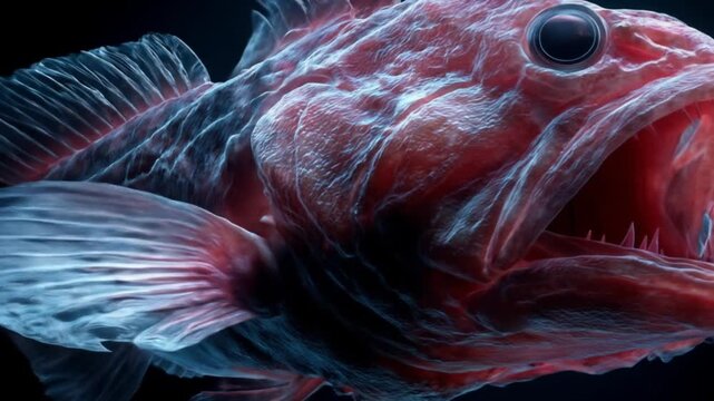 Vivid red fish with wide mouth and sharp fins, swerving through a dark ocean backdrop.bold and dark!