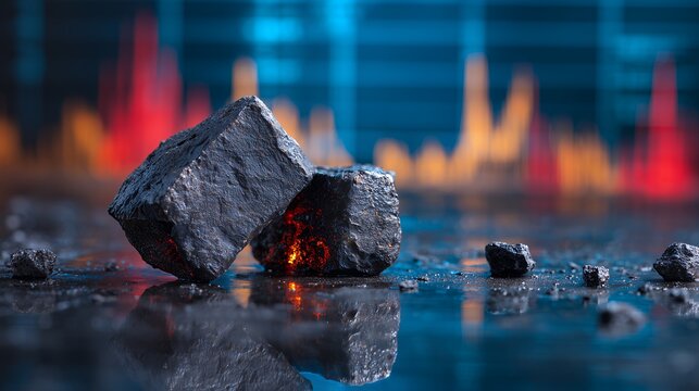 Coal pieces resting on a reflective surface with graph data visualizations in the background - Powered by Adobe
