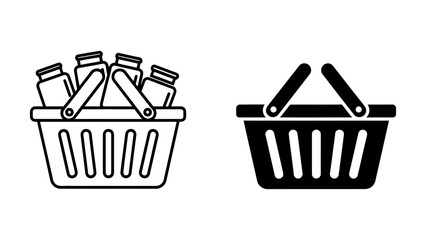 Outline and Solid Shopping Basket Icons with Jars on White Background