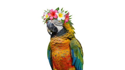 Blue and Gold Macaw Parrot Wearing Tropical Hibiscus Flower Crown isolated PNG with Transparent Background