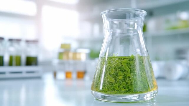 Green Algae Science in a Lab Flask: A close-up shot captures the essence of scientific innovation, with a glass flask containing vibrant green algae.