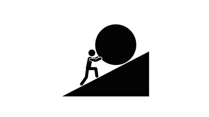 Sisyphus Myth Concept Art &ndash; Stick Figure Pushing Boulder Up Hill Vector Icon
