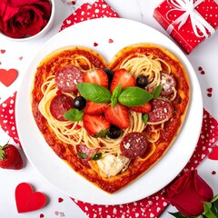 Heart-shaped pizza with spaghetti, strawberries, and salami