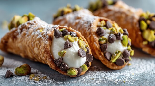 Three cannoli are presented on a blue background filled with cream and sprinkled with chocolate chips and pistachios. Powdered sugar adds detail to the scene. - Powered by Adobe